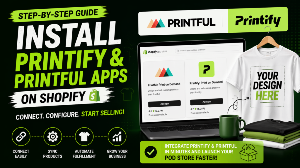 Instructions for installing the Printify and Printful t-shirt printing service applications.