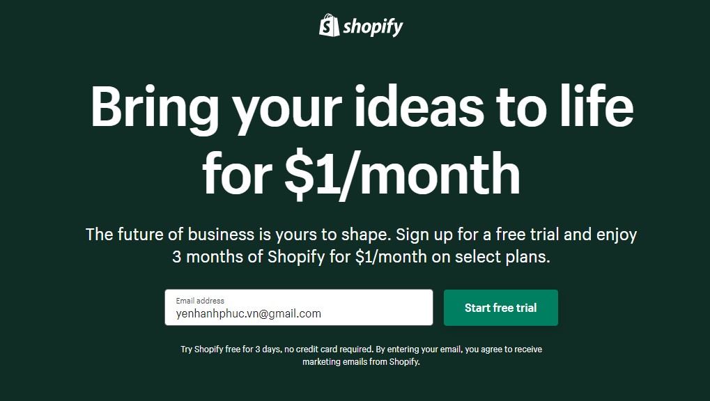 Nhập email đăng ký gian hàng Shopify