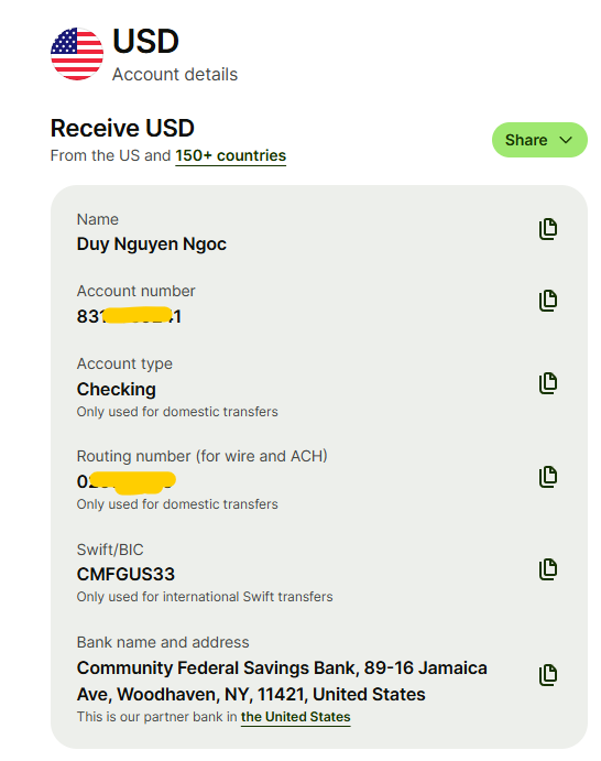 Ảnh tài khoản Bank US của Wise