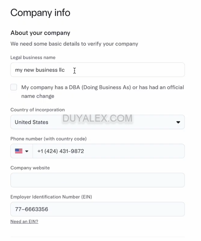 Điền thông tin về doanh nghiệp của bạn khi đăng ký Mercury