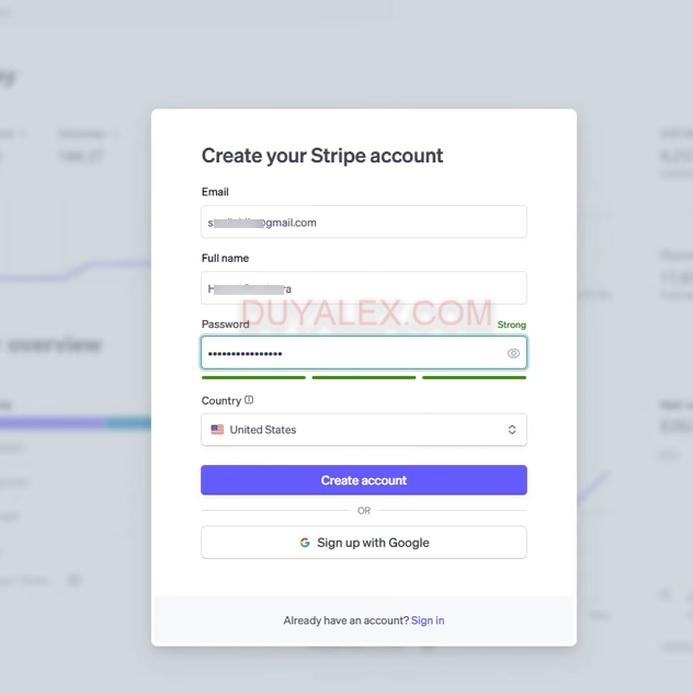 Điền thông tin cá nhân vào ô Create Your stripe