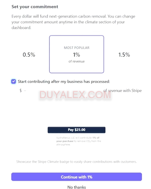 Tùy chọn đóng góp vào quỹ vì môi trường trên stripe.