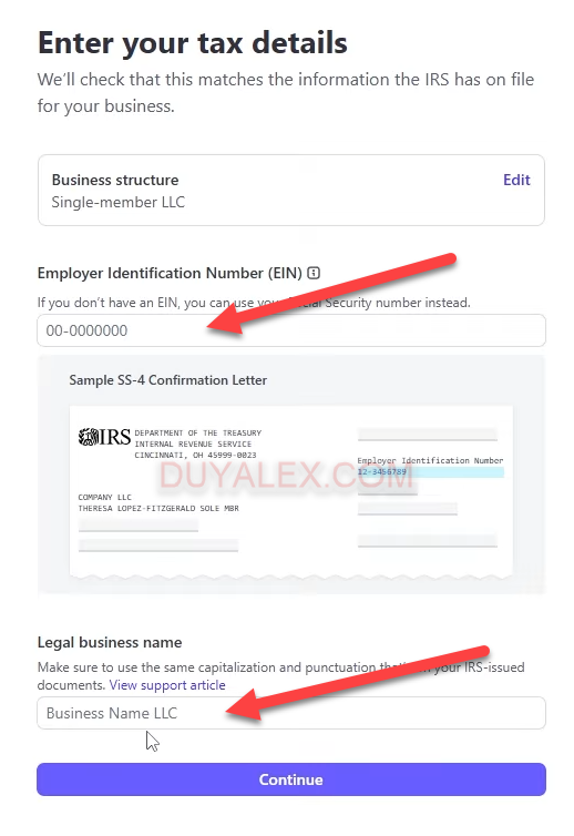 Điền chính xác thông tin EIN vào stripe