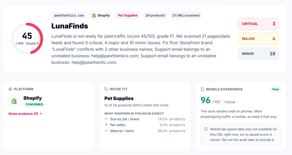 Kết quả kiểm tra cửa hàng online trên Store Auditor